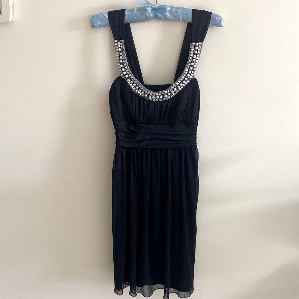 Jodi Kristopher Beaded Neckline Tie Waist Evening Formal Navy Blue Dress…